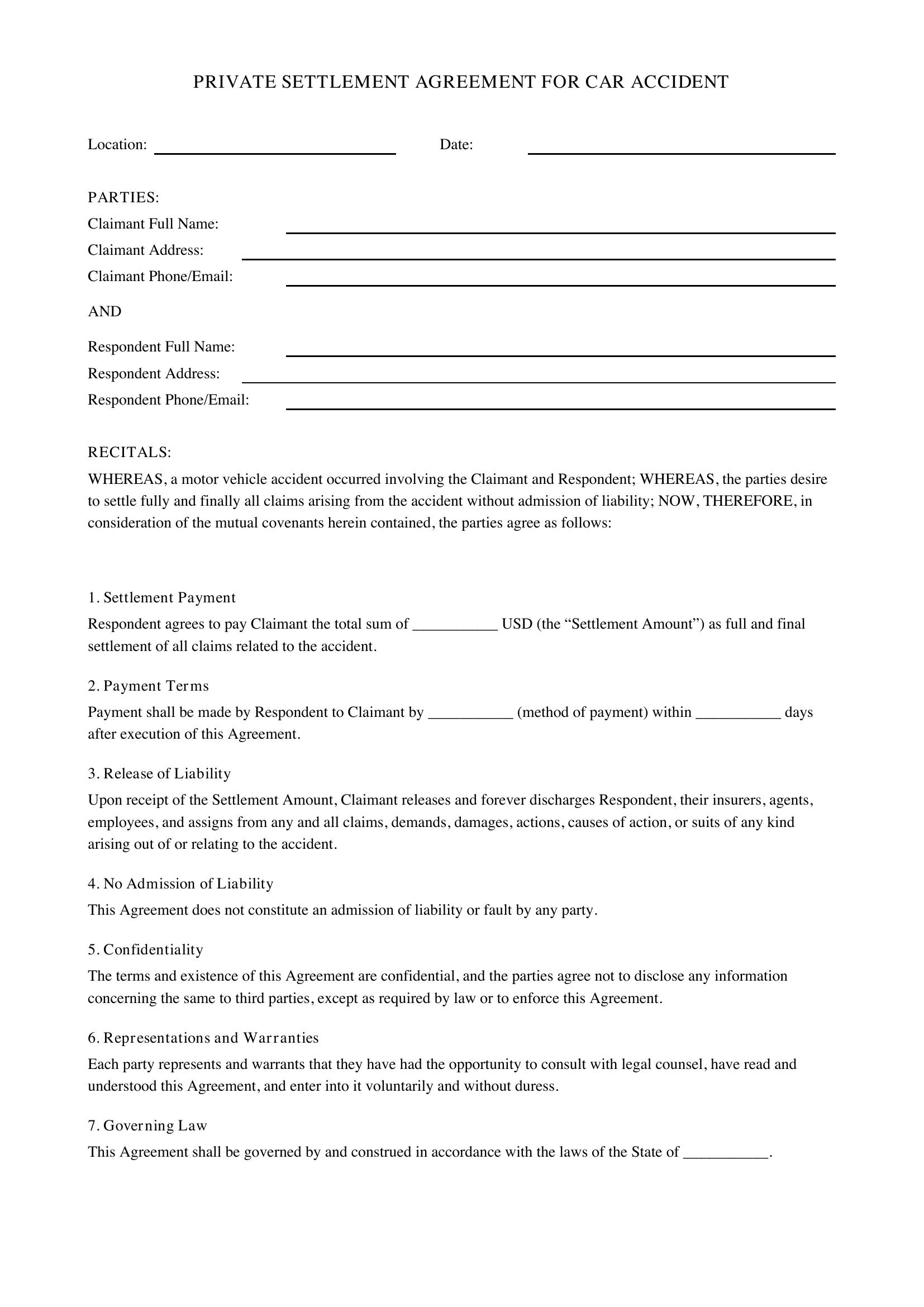 Private Settlement For Car Accident Template