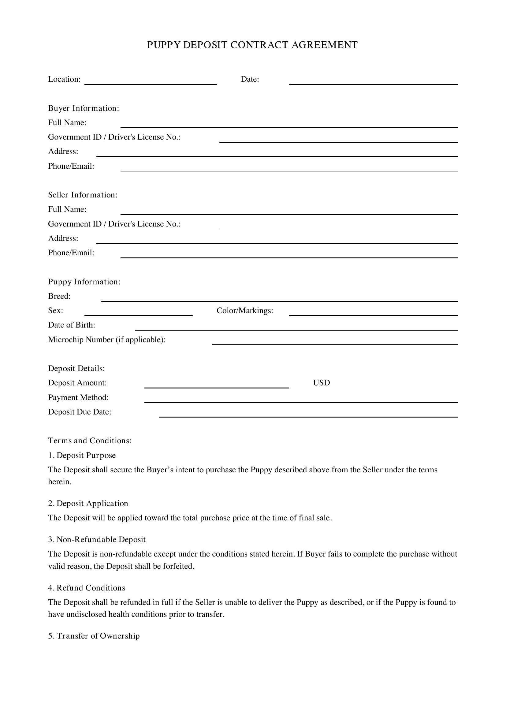 Puppy Deposit Contract Template