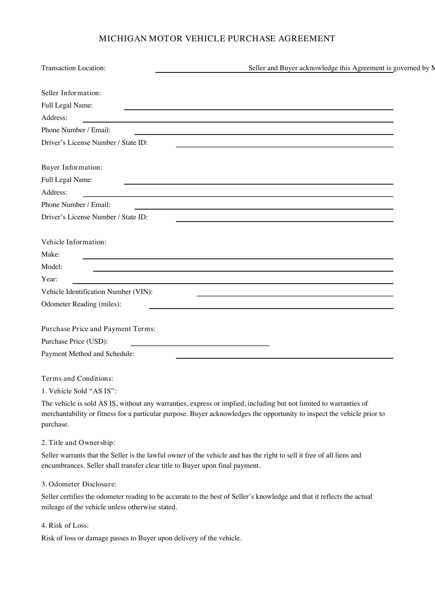 Purchase Agreement Michigan Template