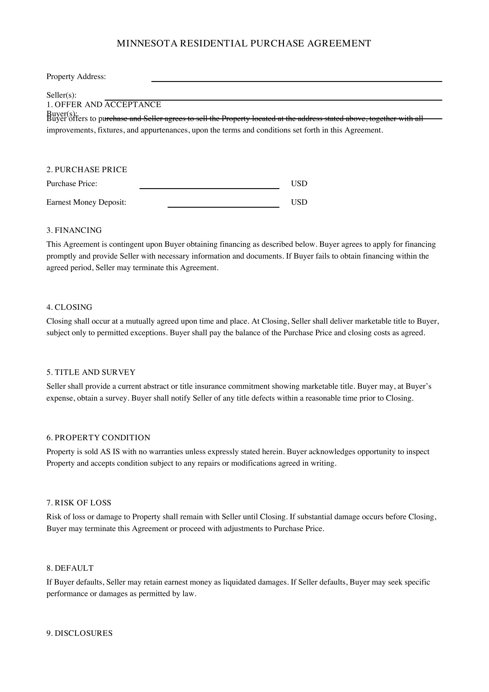 Purchase Agreement Template Minnesota
