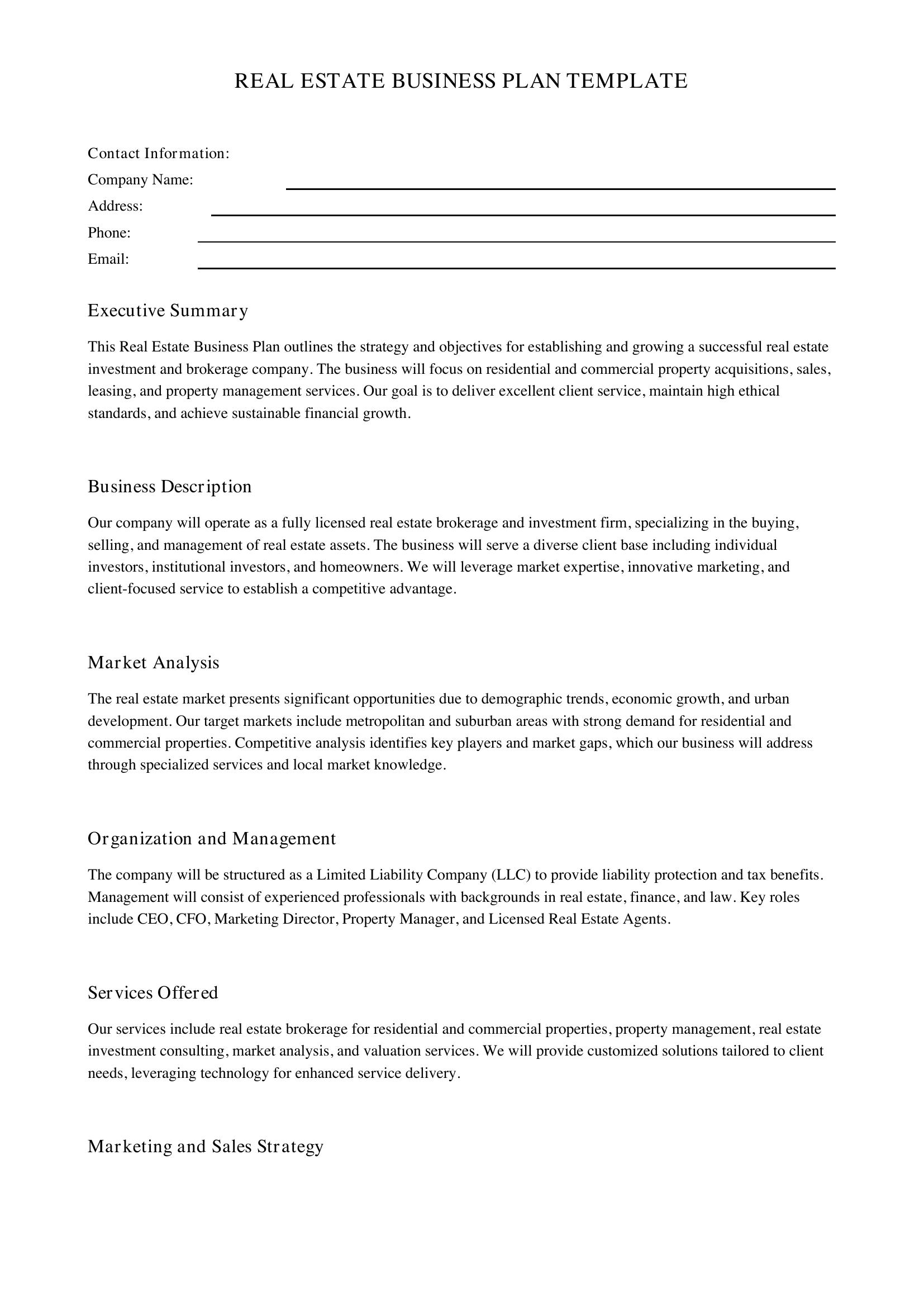 Real Estate Business Plan Template