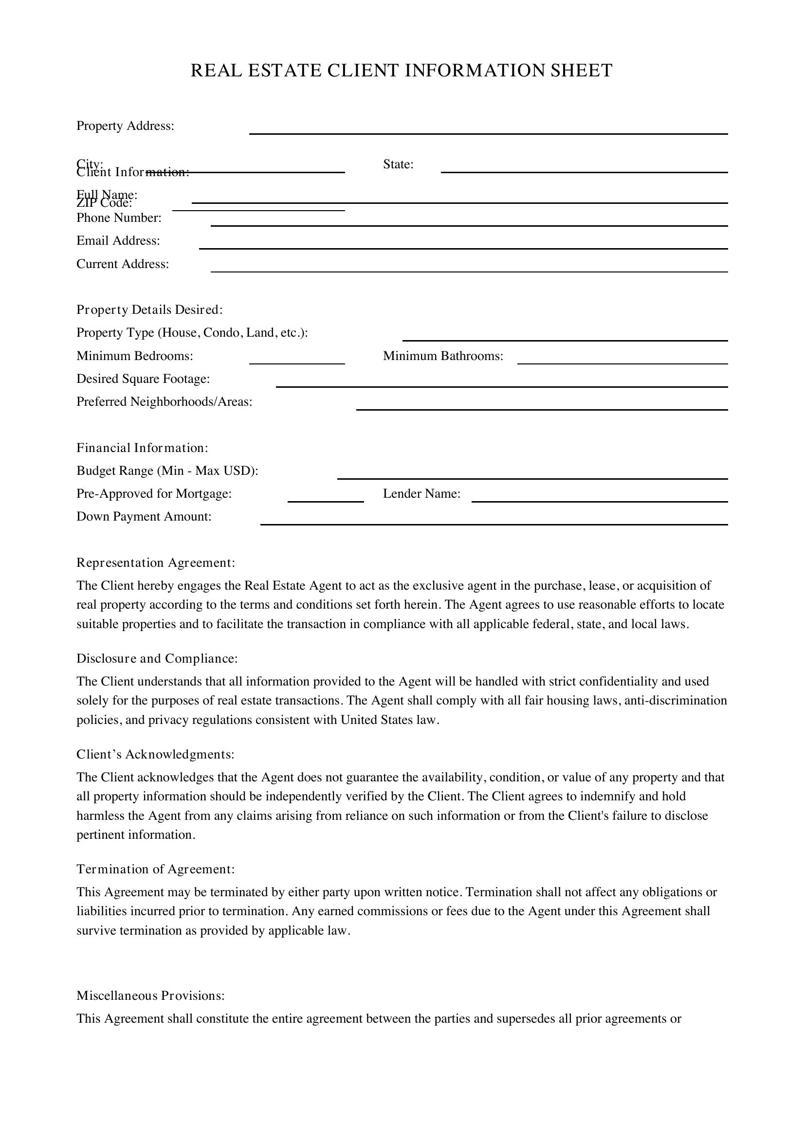 Real Estate Client Information Sheet Template