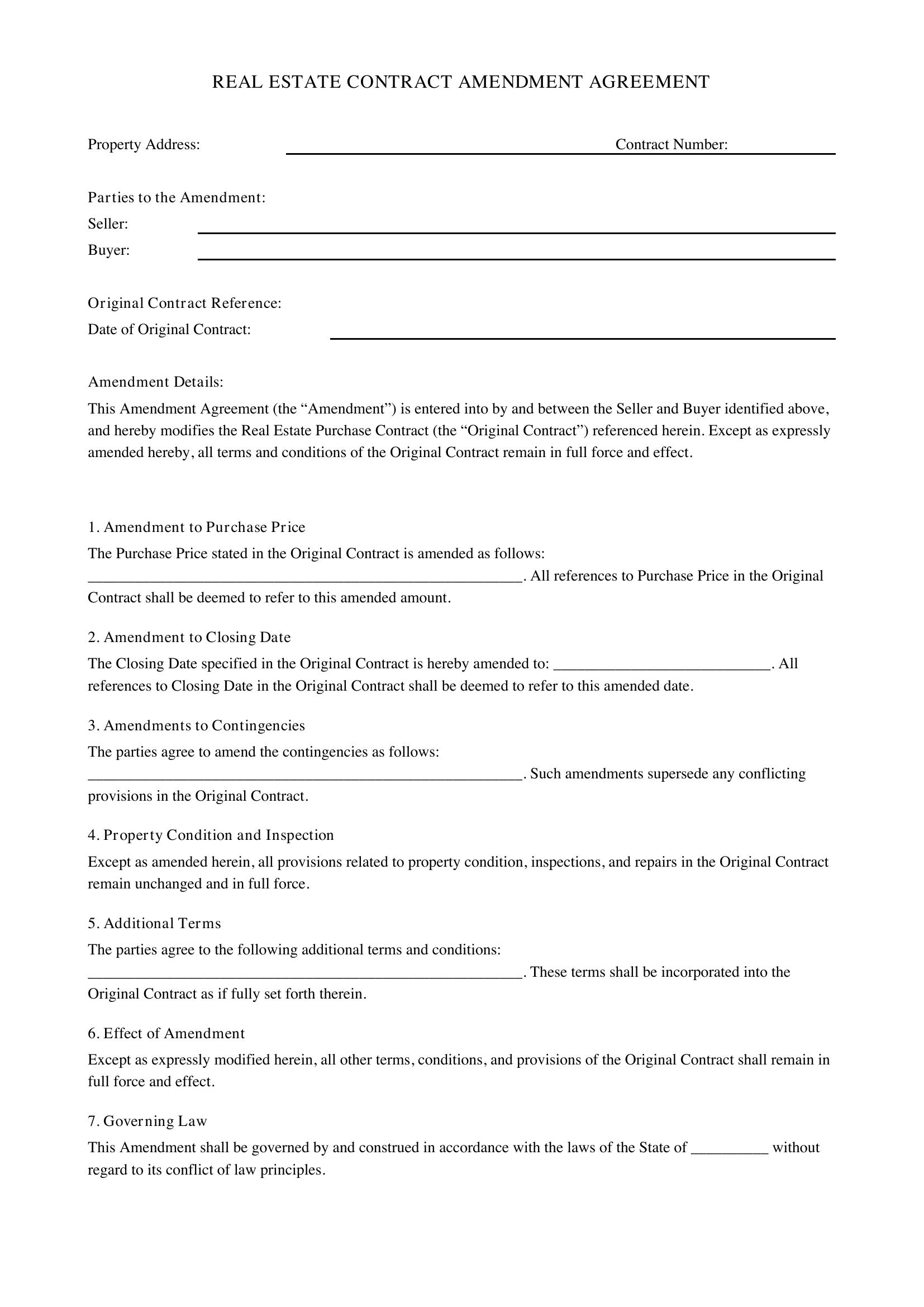 Real Estate Contract Amendment Template