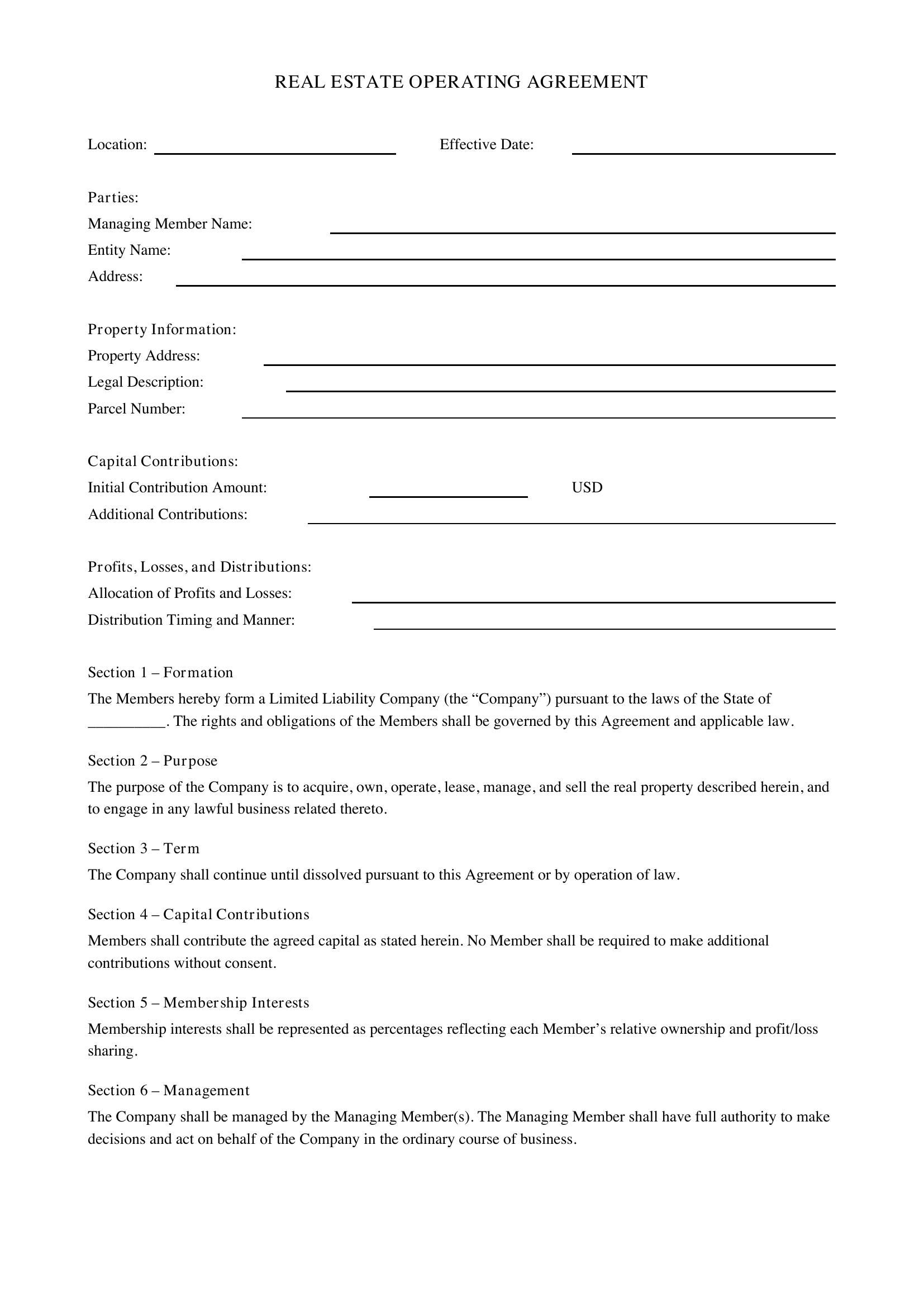 Real Estate Operating Agreement Template