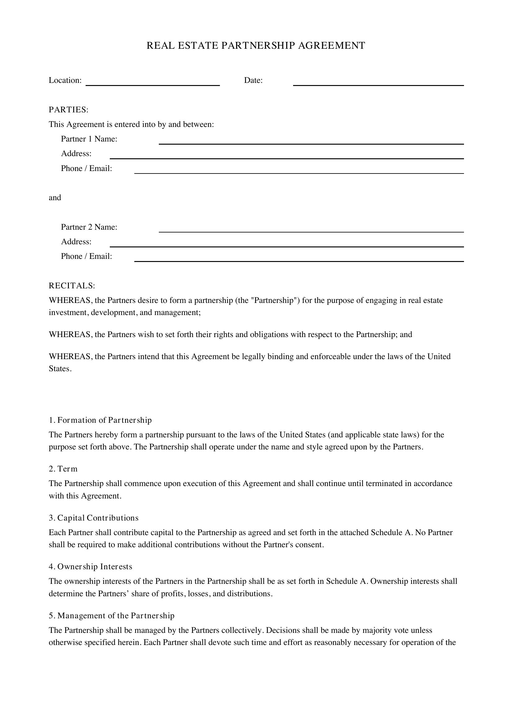 Real Estate Partnership Agreement Template