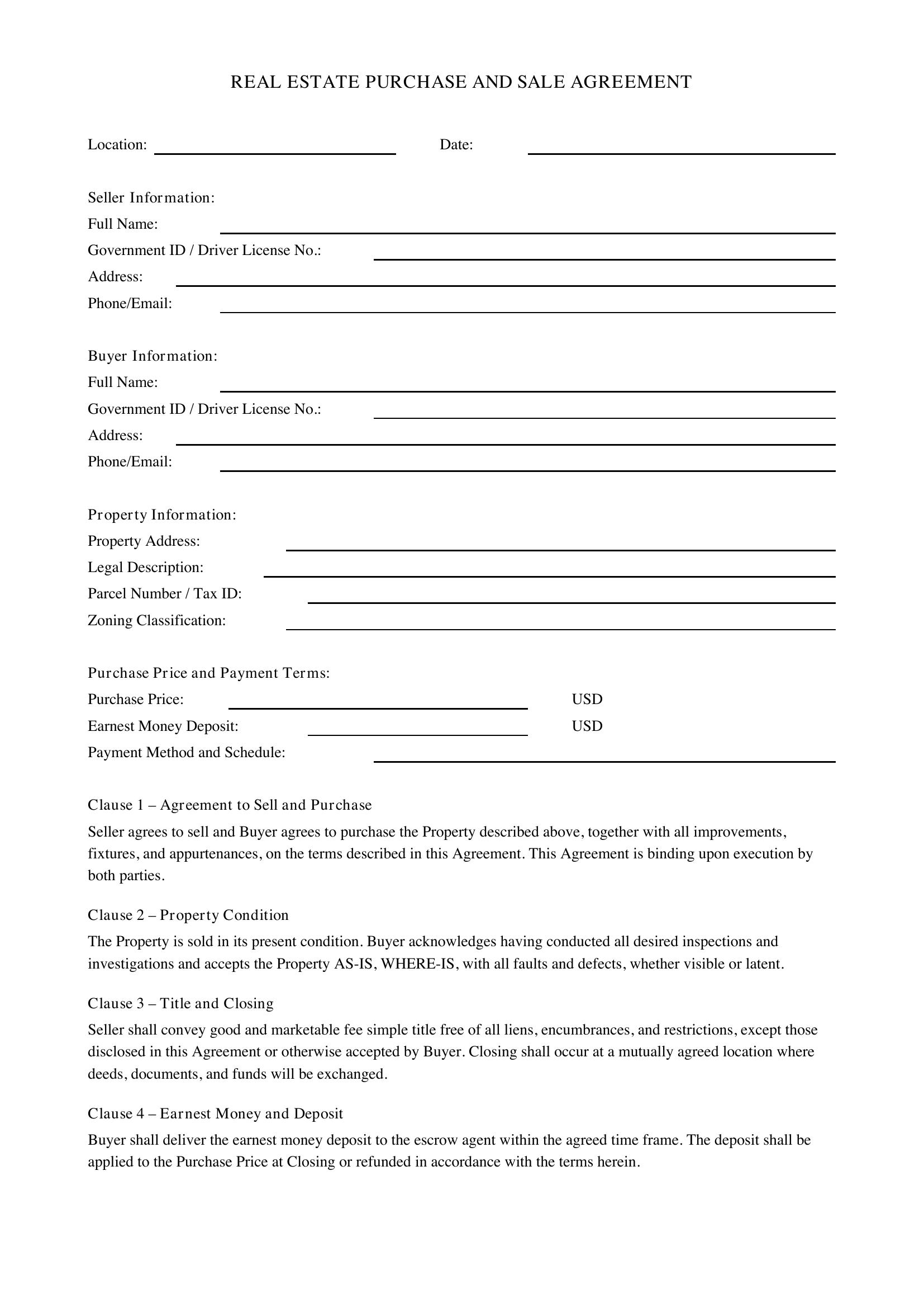 Real Estate Purchase Contract Template