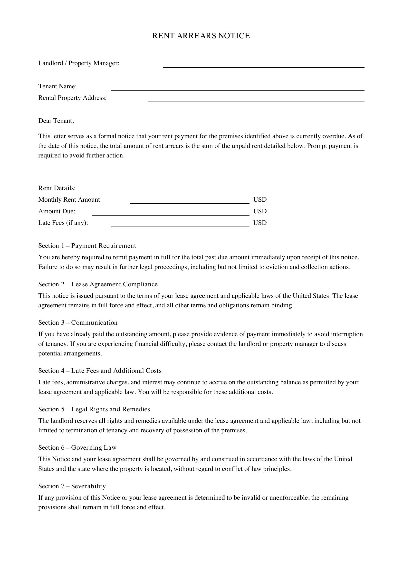 Rent Arrears Letter Template