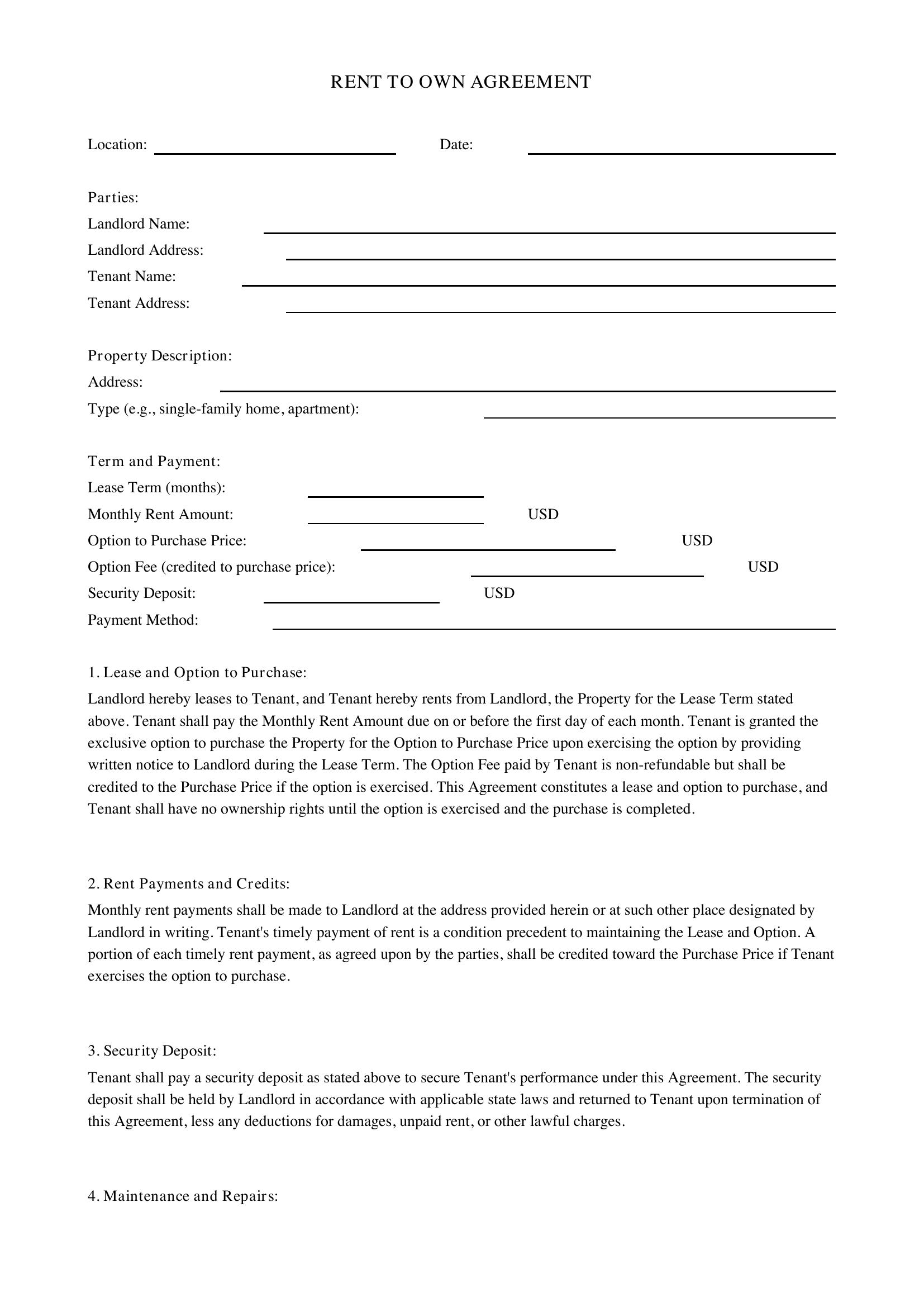 Rent To Own Contract Template