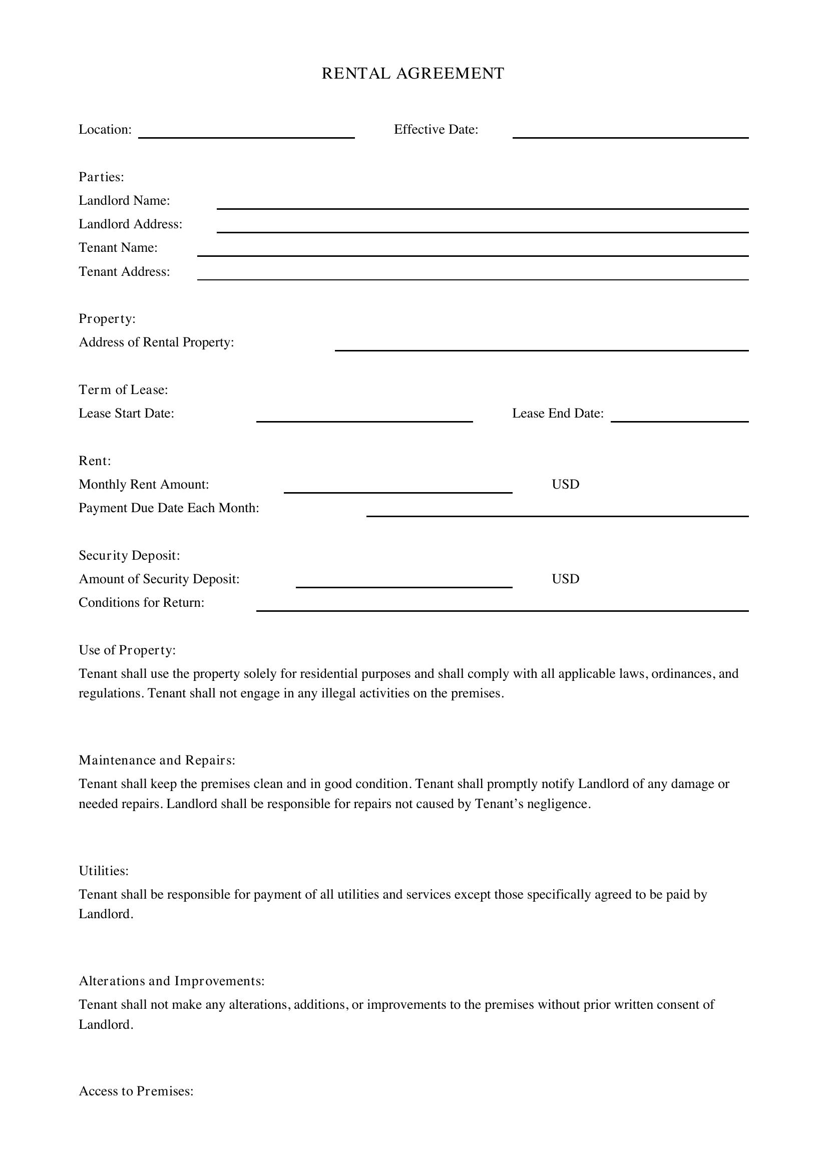 Rental Agreement Template Texas