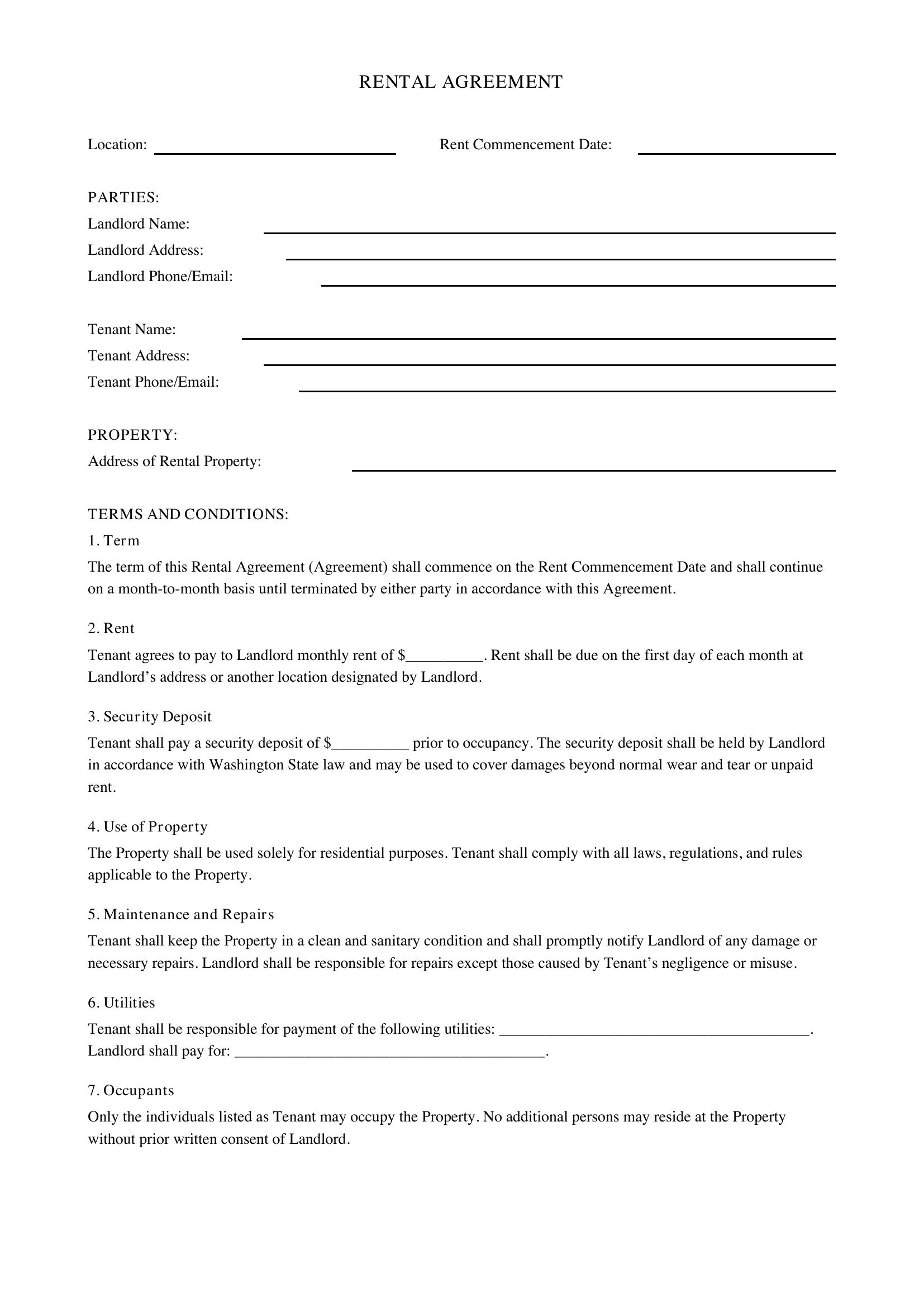 Rental Agreement Template Washington State