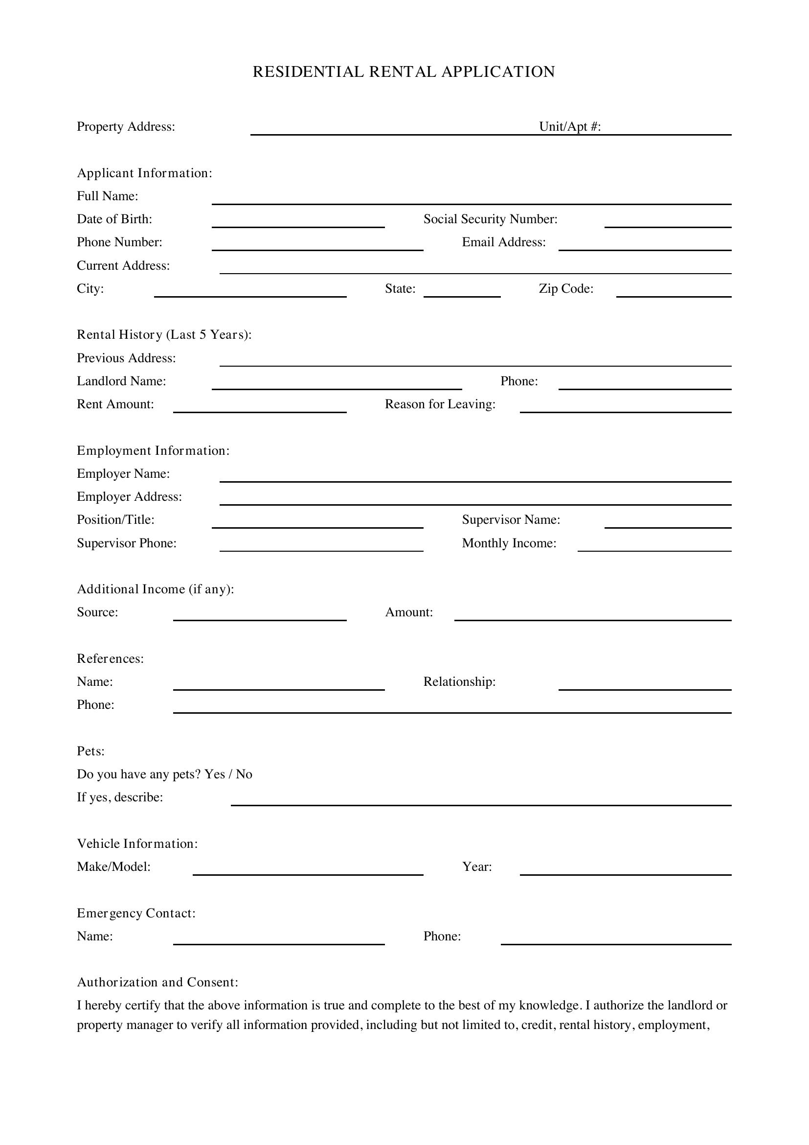 Rental Application Template