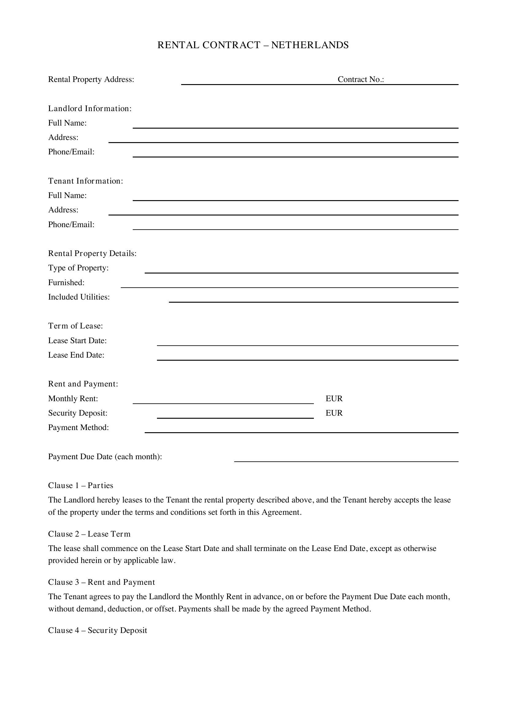 Rental Contract Netherlands Template