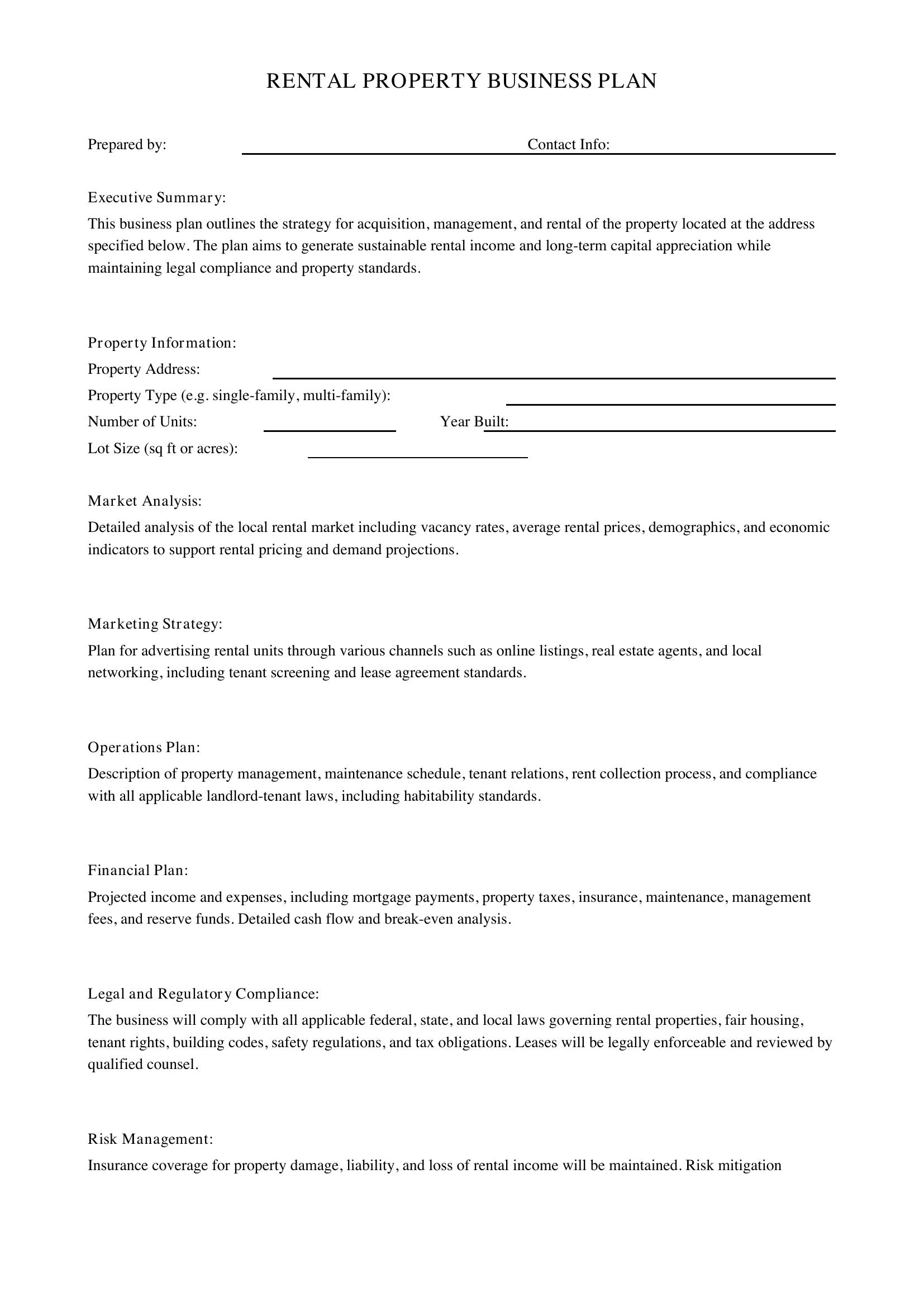 Rental Property Business Plan Template