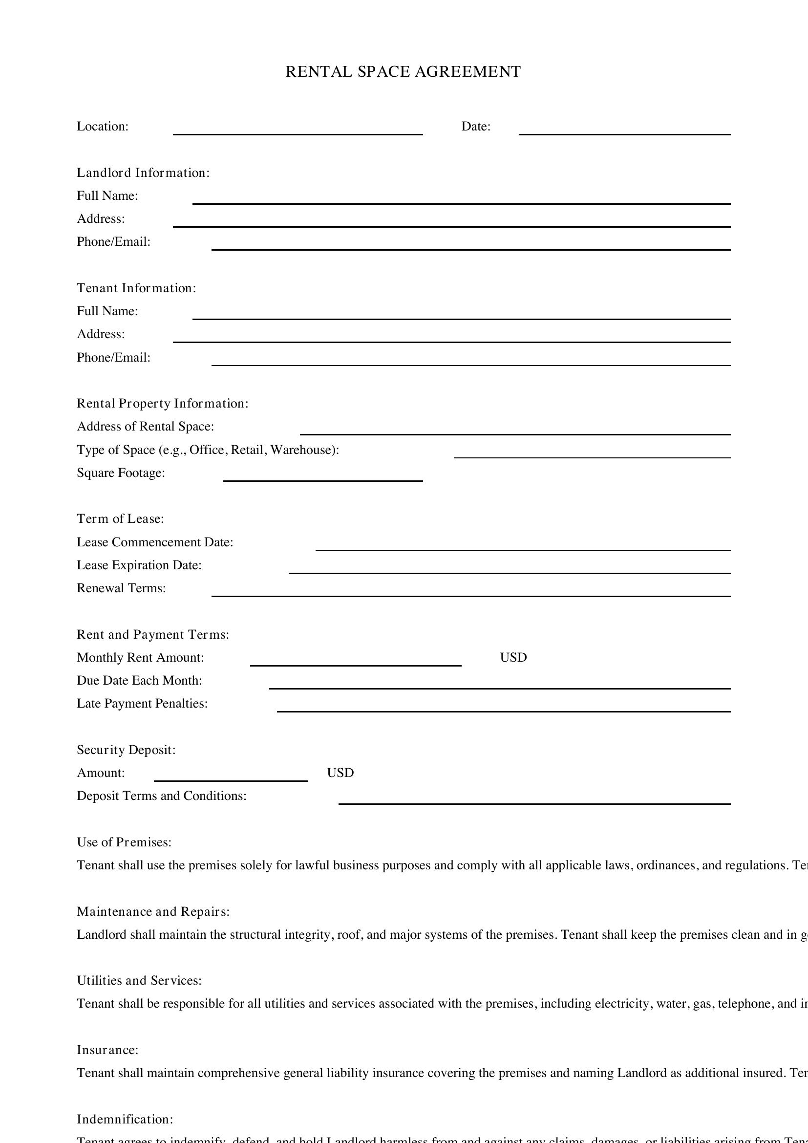 Rental Space Agreement Template