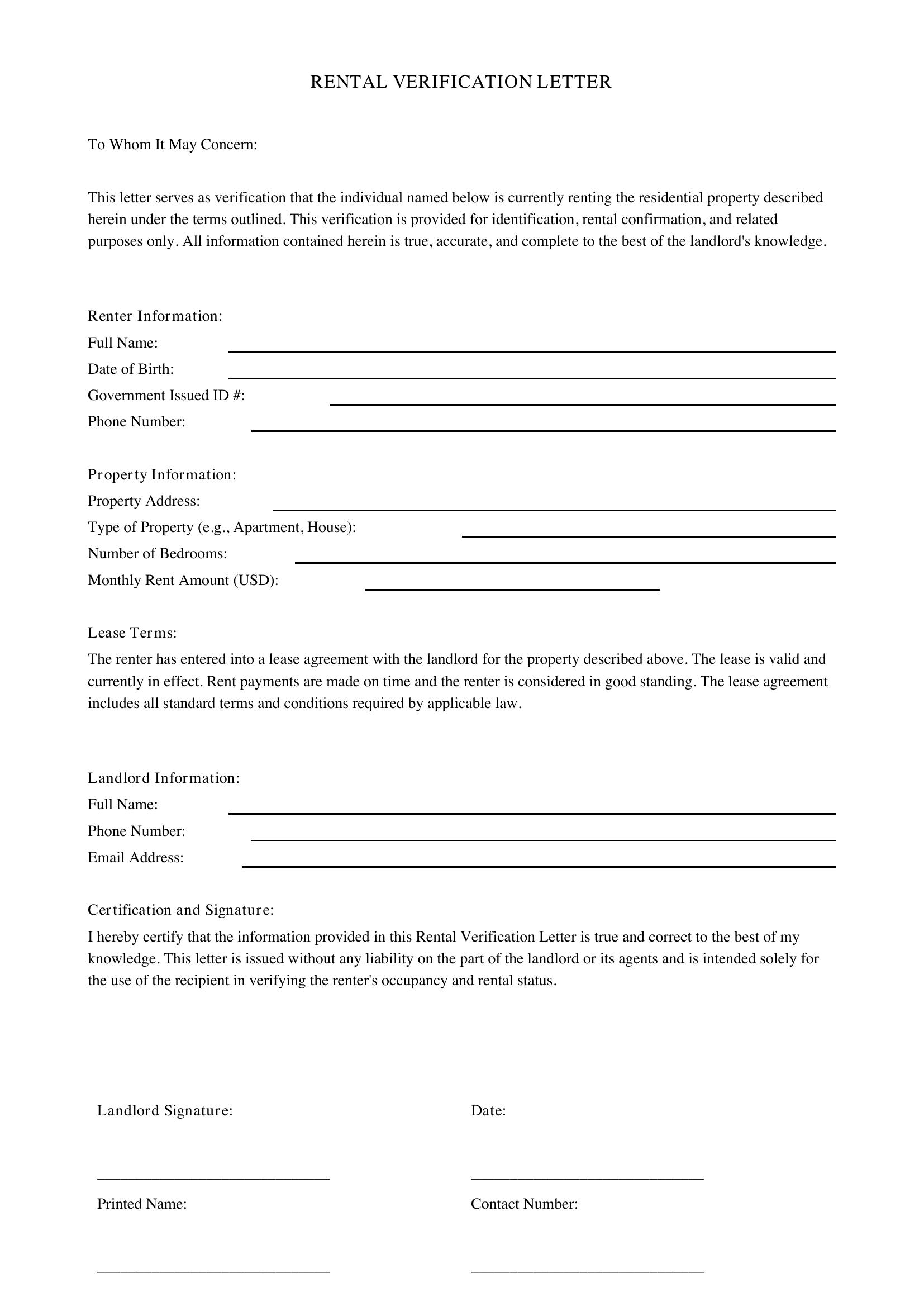 Rental Verification Letter Template