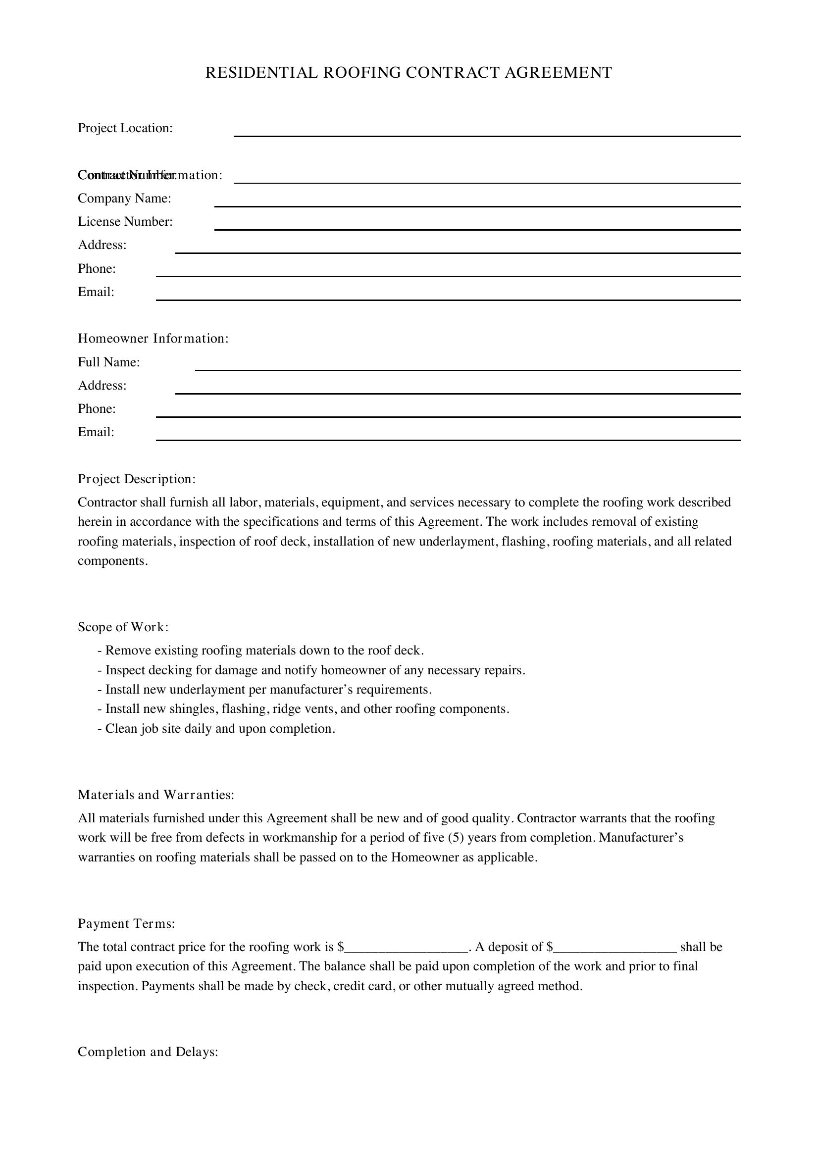 Residential Roofing Contract Template In Mi