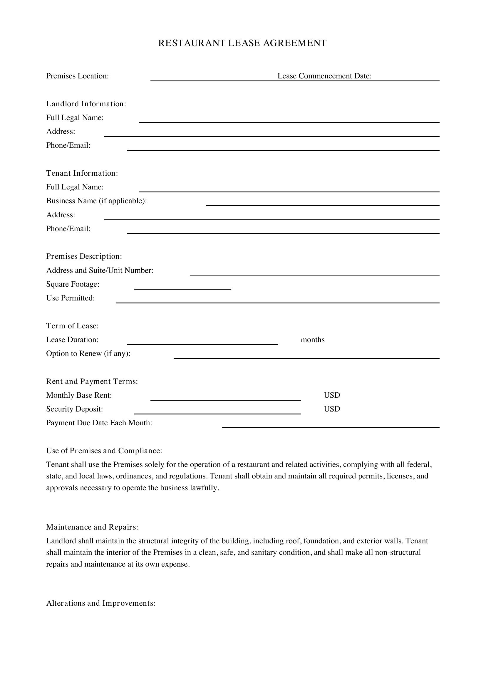 Restaurant Lease Agreement Template