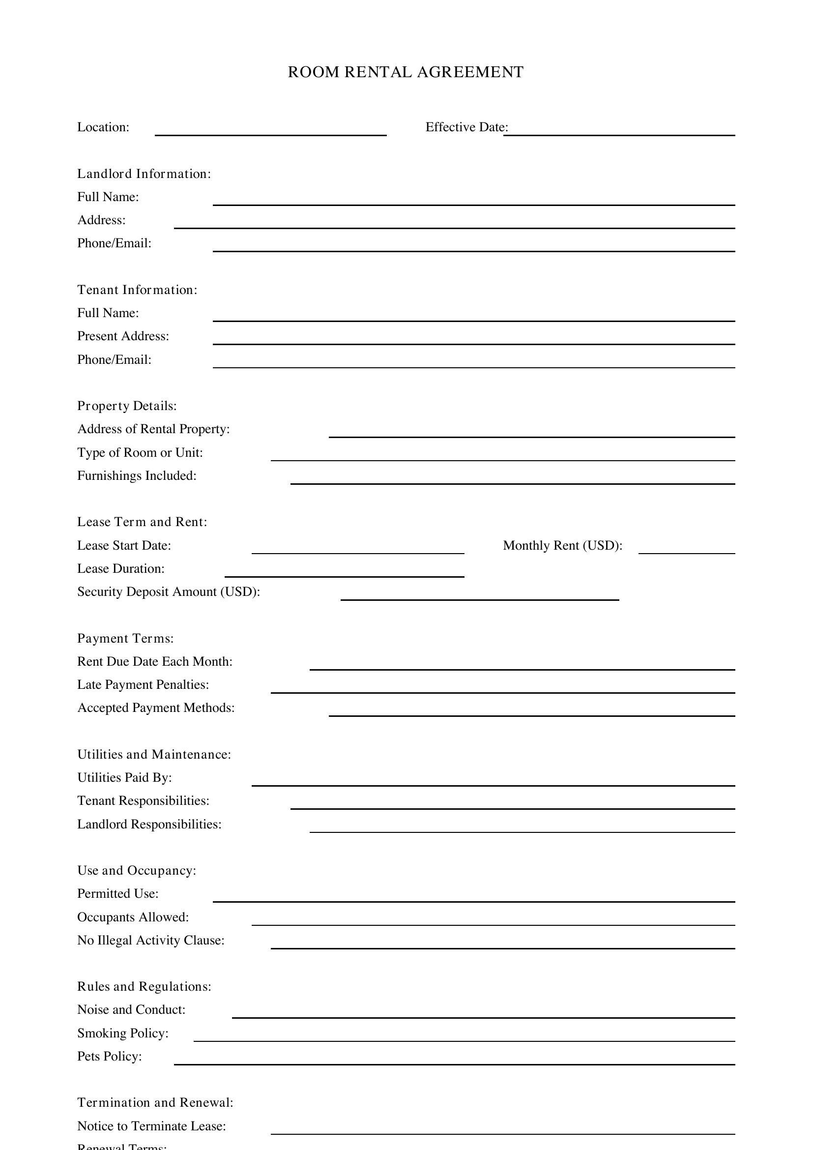 Room Rental Agreement Template