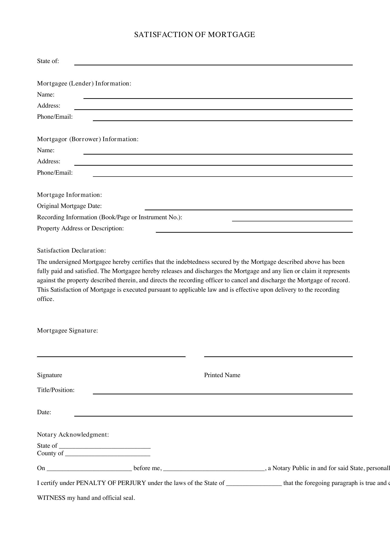 Satisfaction Of Mortgage Template