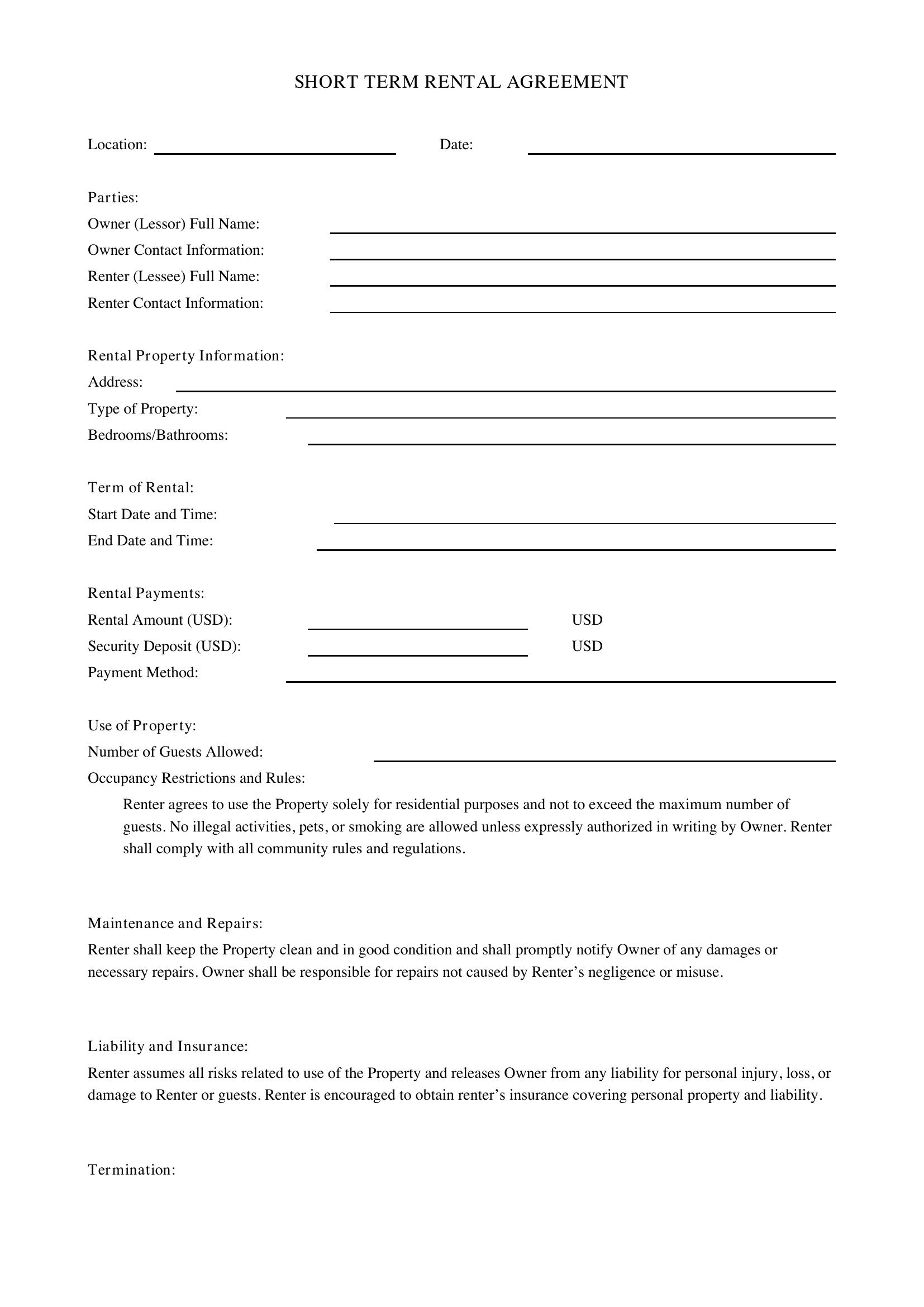 Short Term Rental Agreement Template