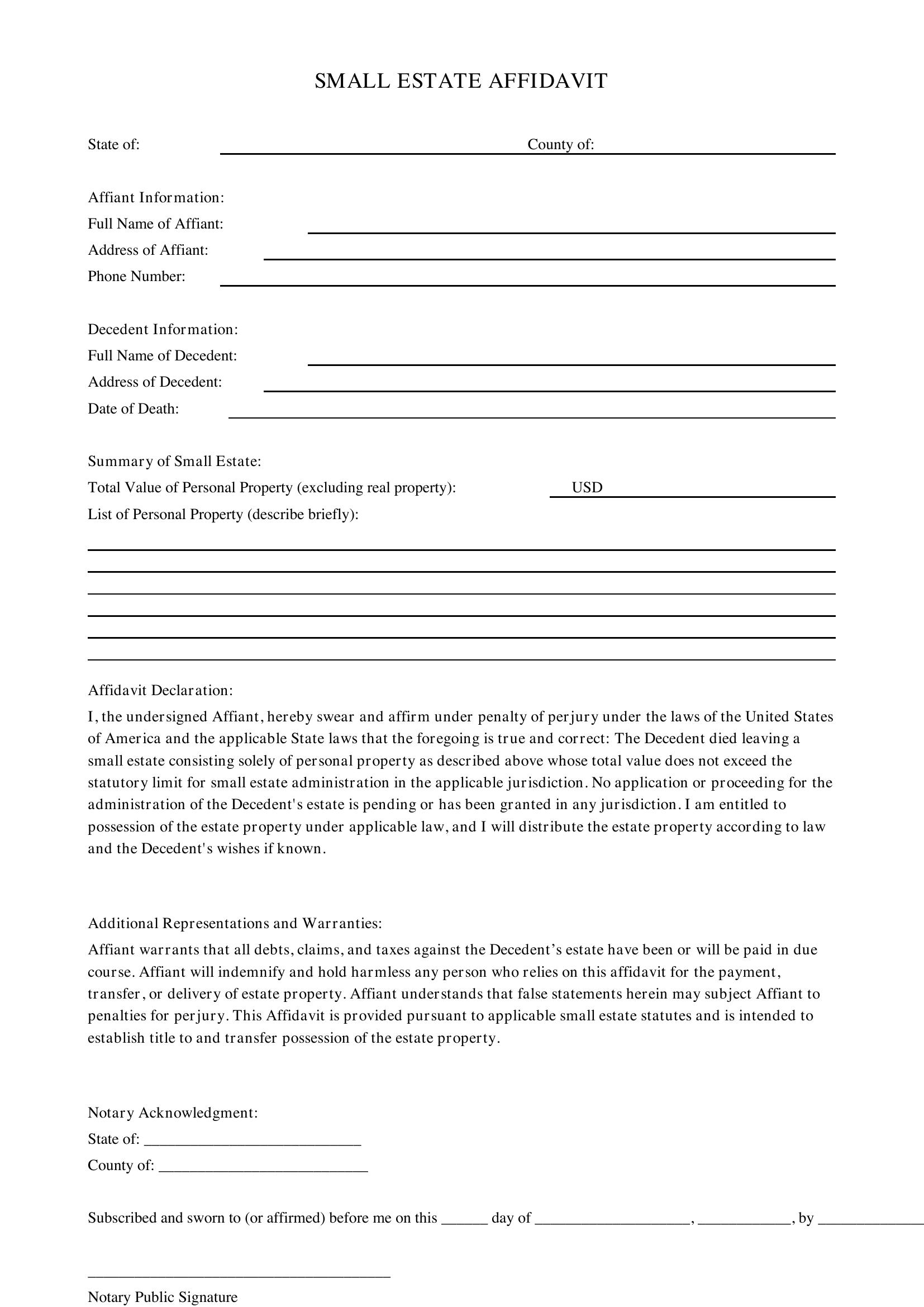 Small Estate Affidavit Template