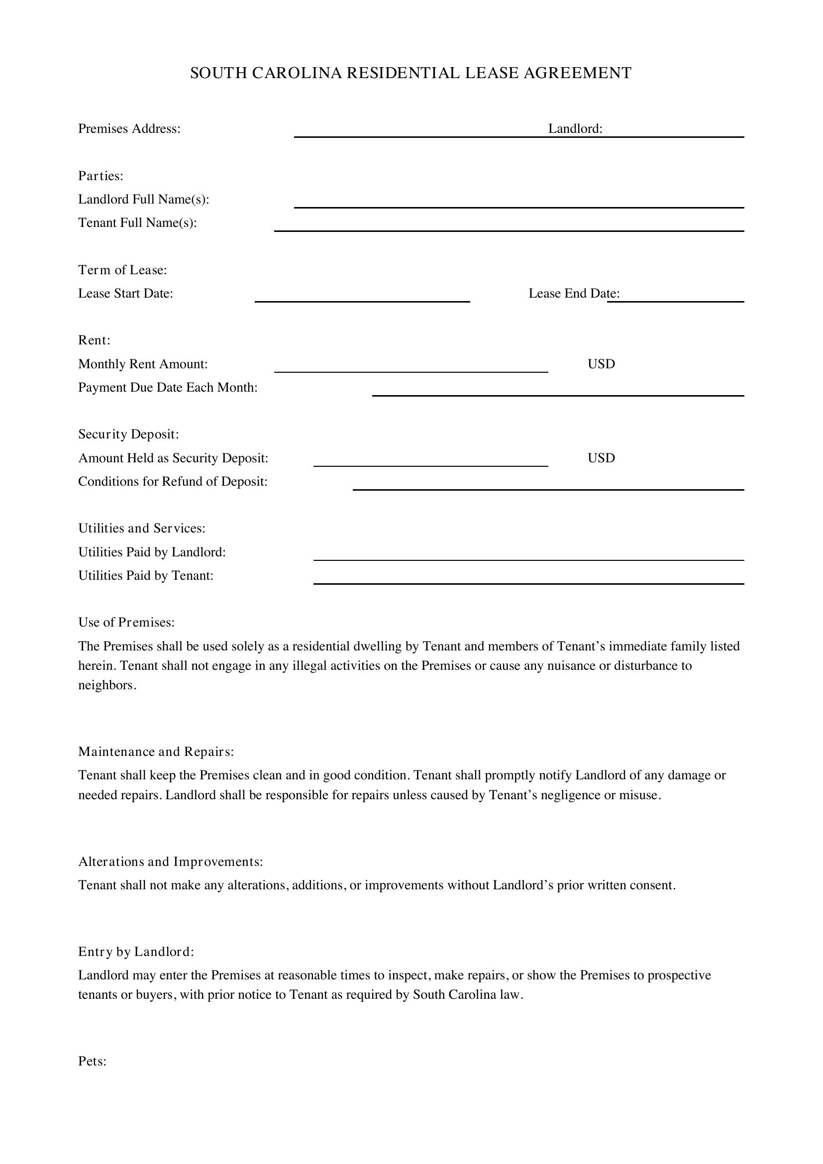 South Carolina Lease Agreement Template