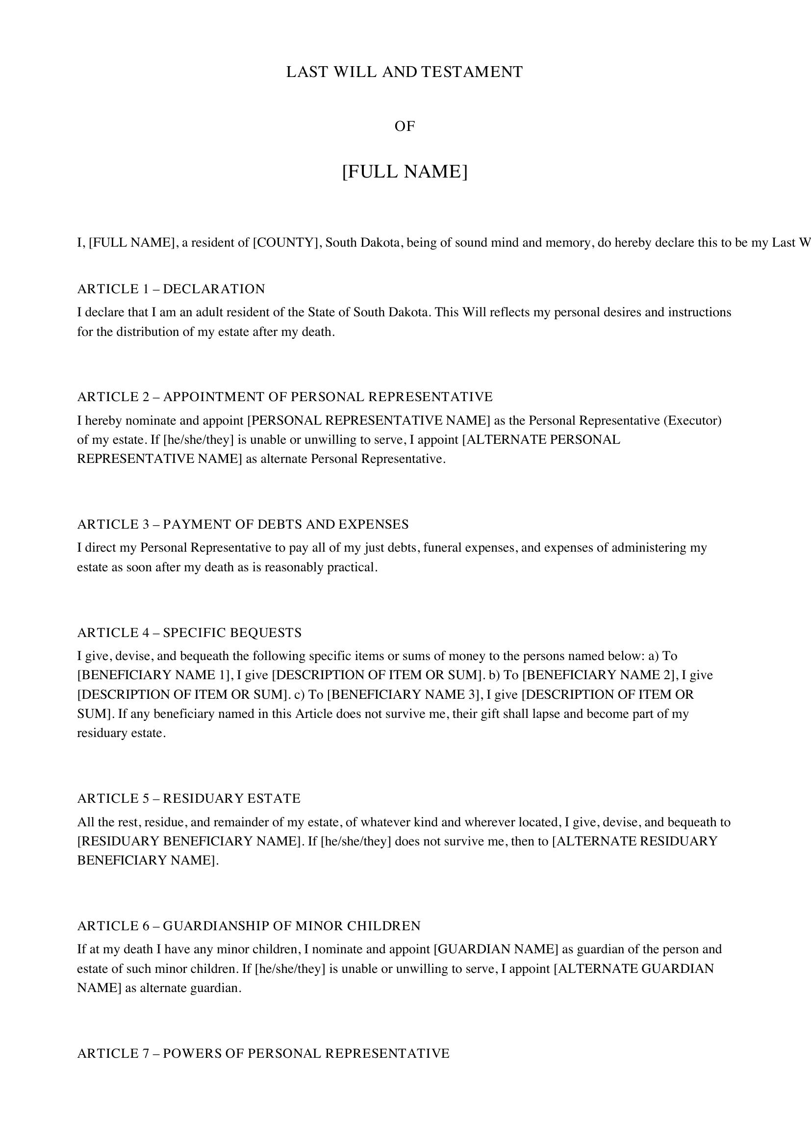 South Dakota Will Template