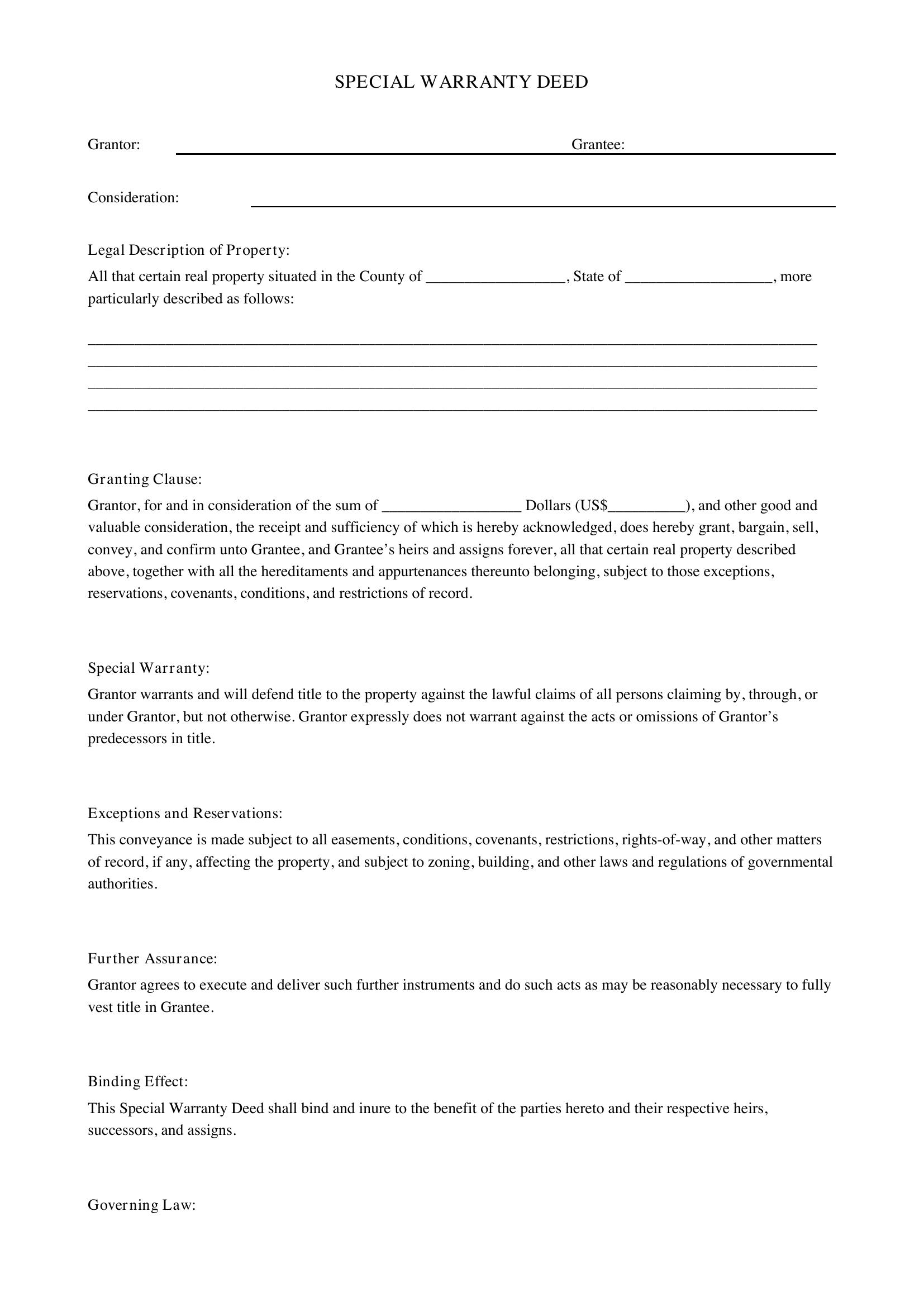 Special Warranty Deed Template