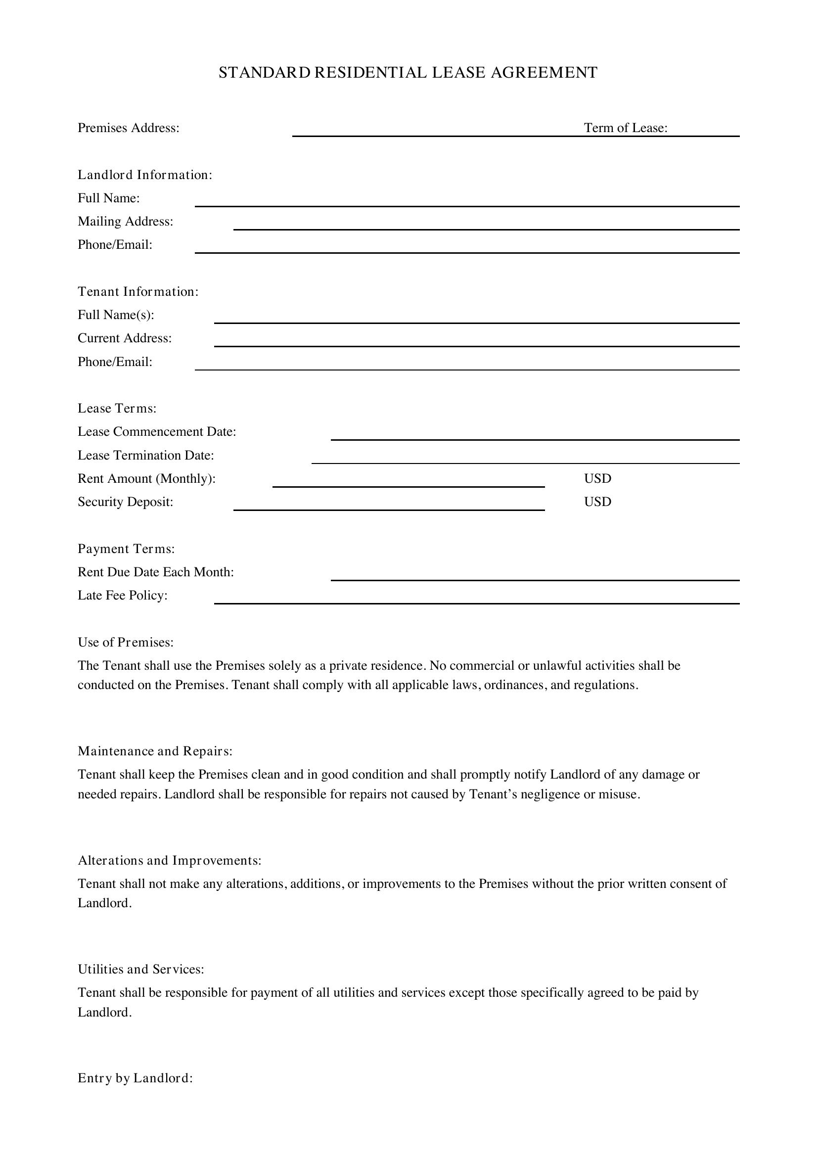 Standard Lease Agreement Template