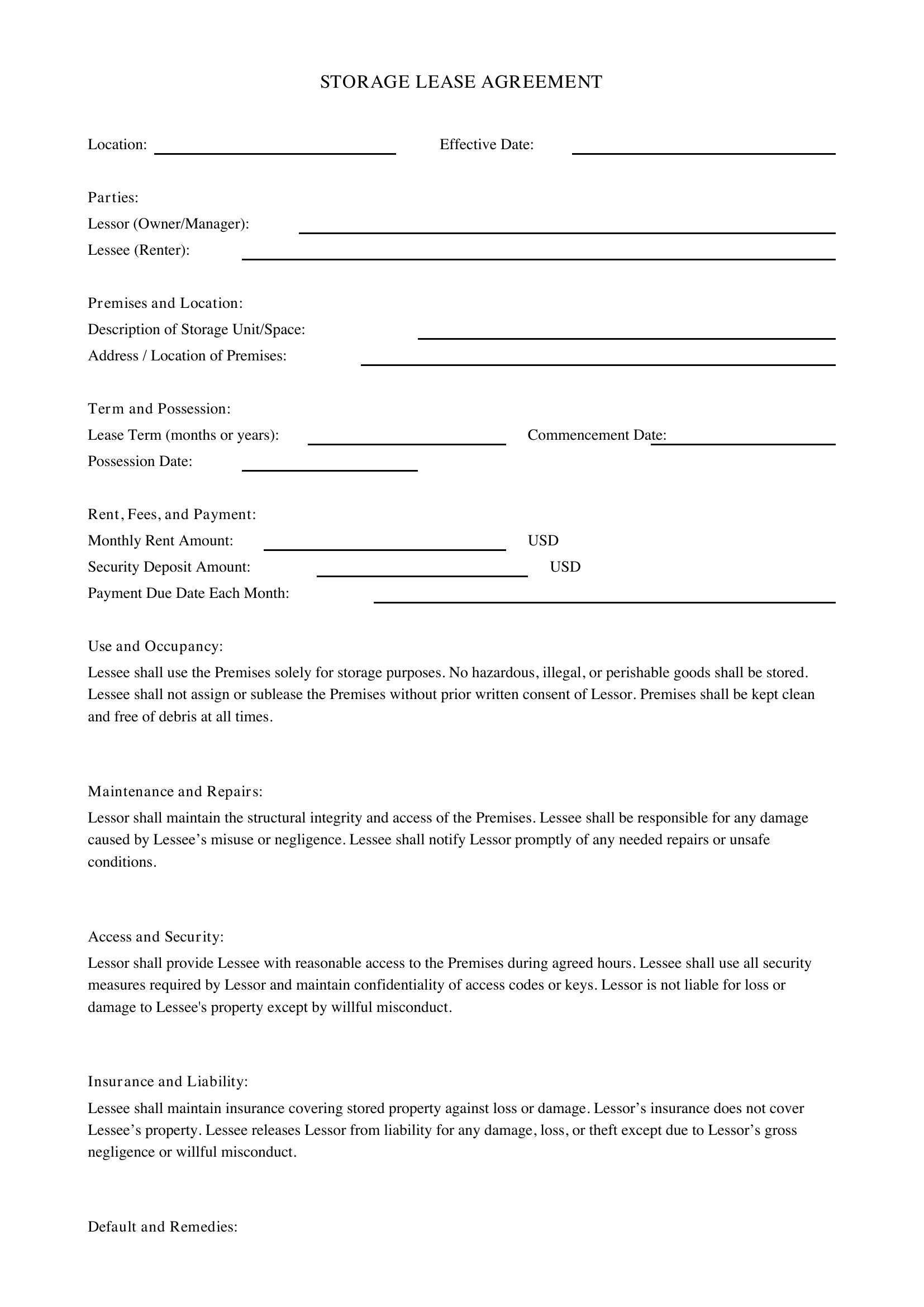 Storage Lease Agreement Template