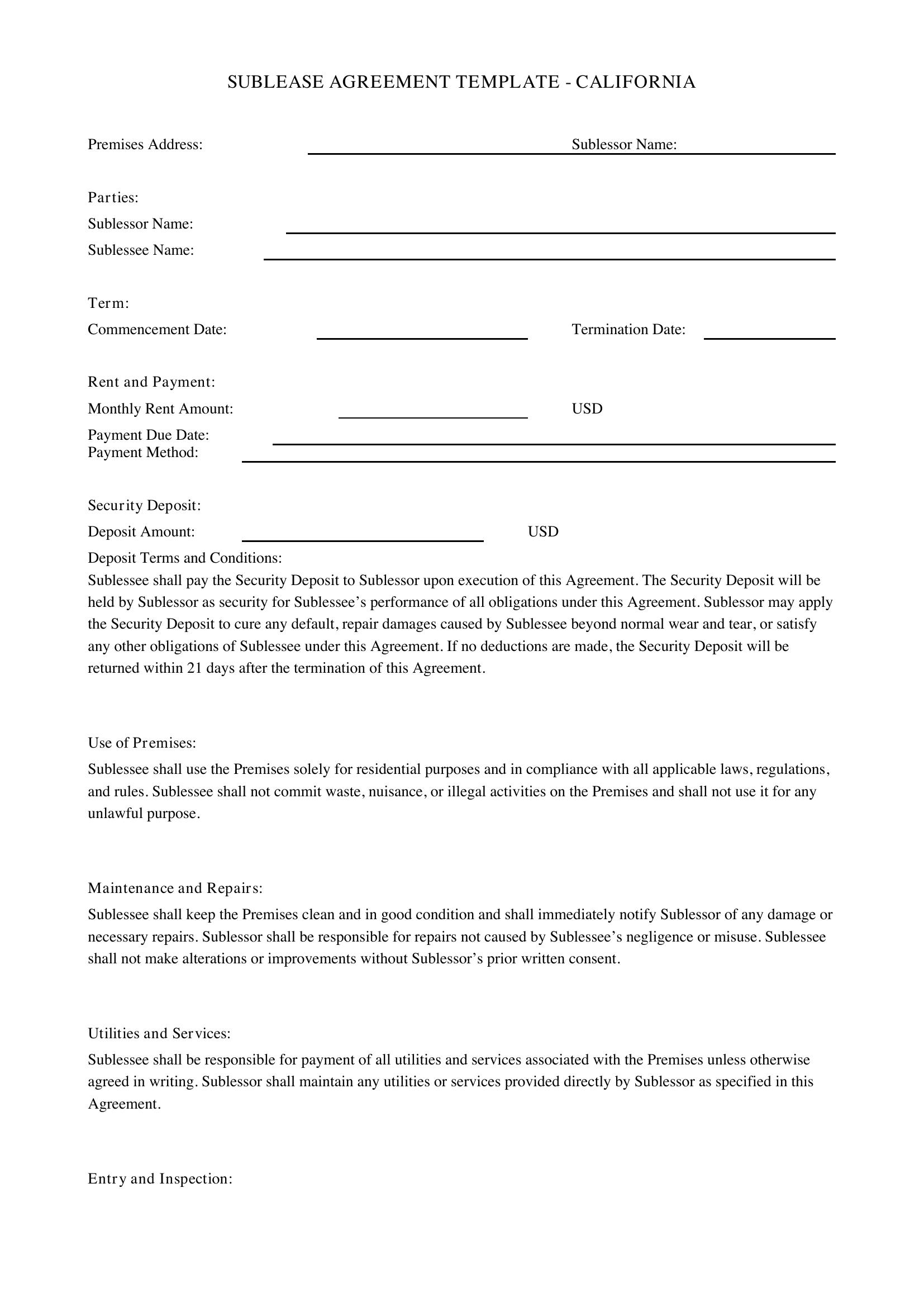 Sublease Agreement Template California