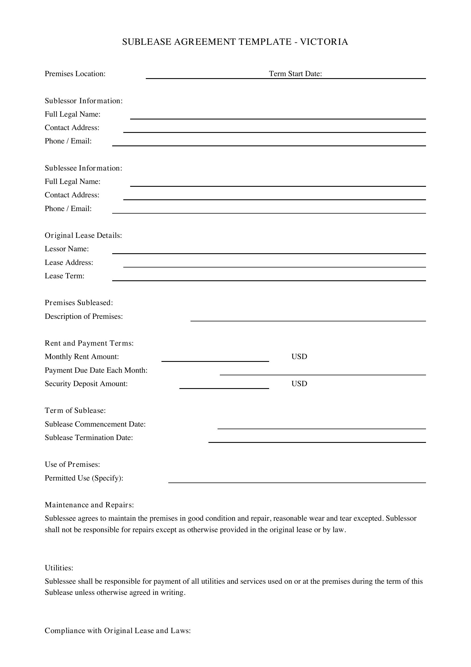 Sublease Agreement Template Victoria