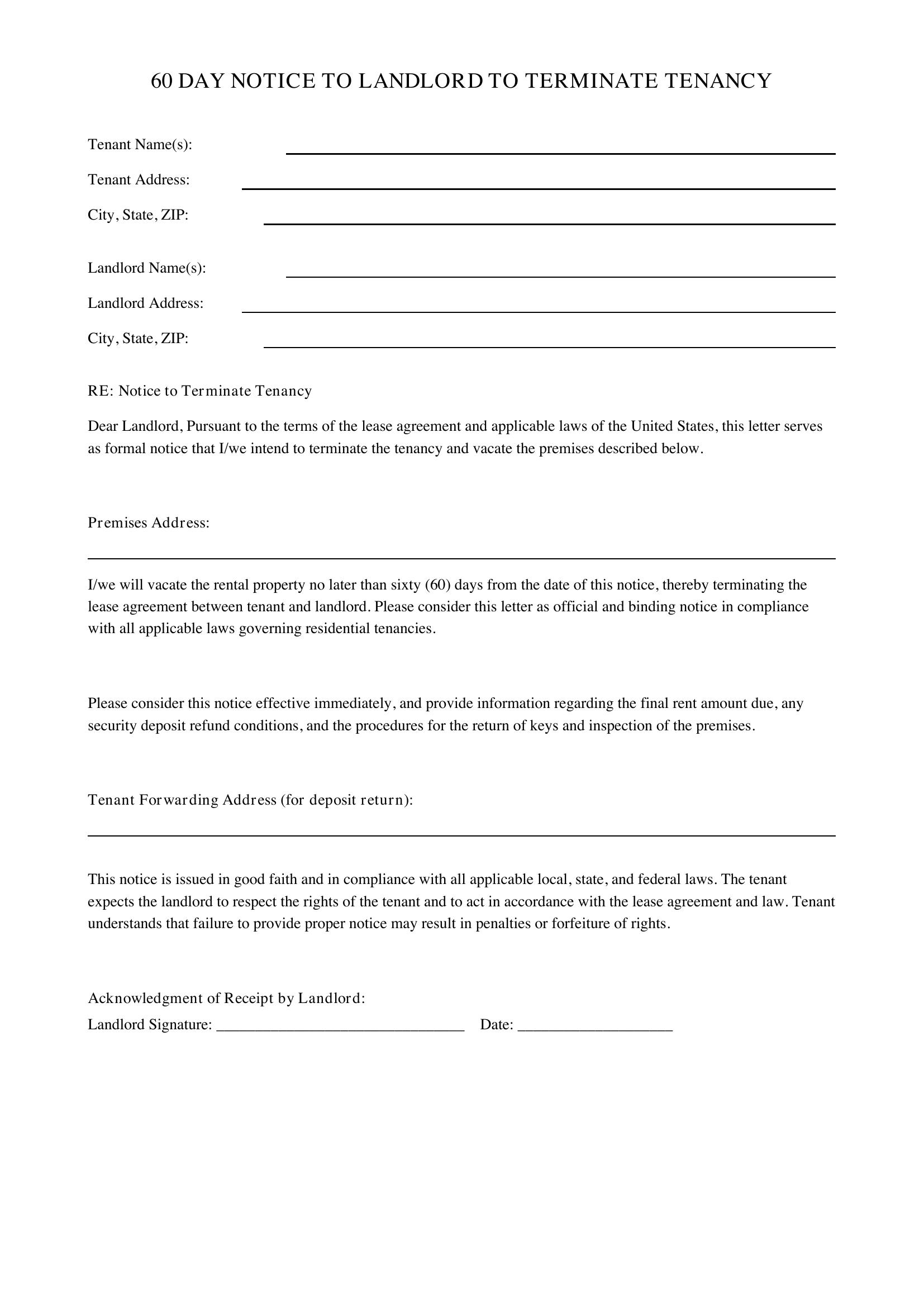 Template For 60 Day Notice To Landlord