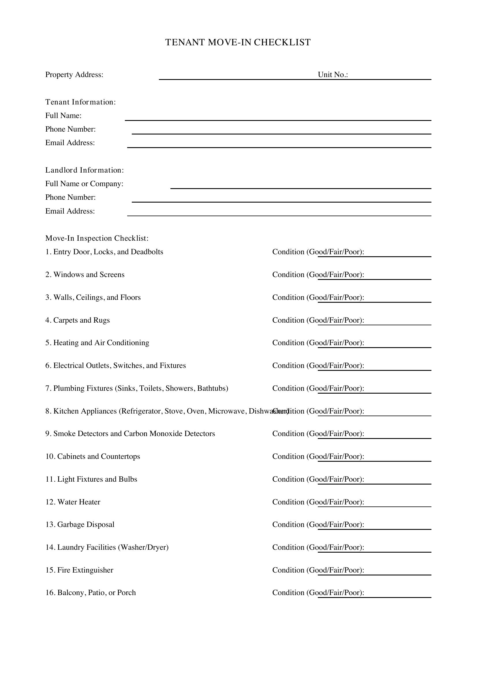 Tenant Move In Checklist Template