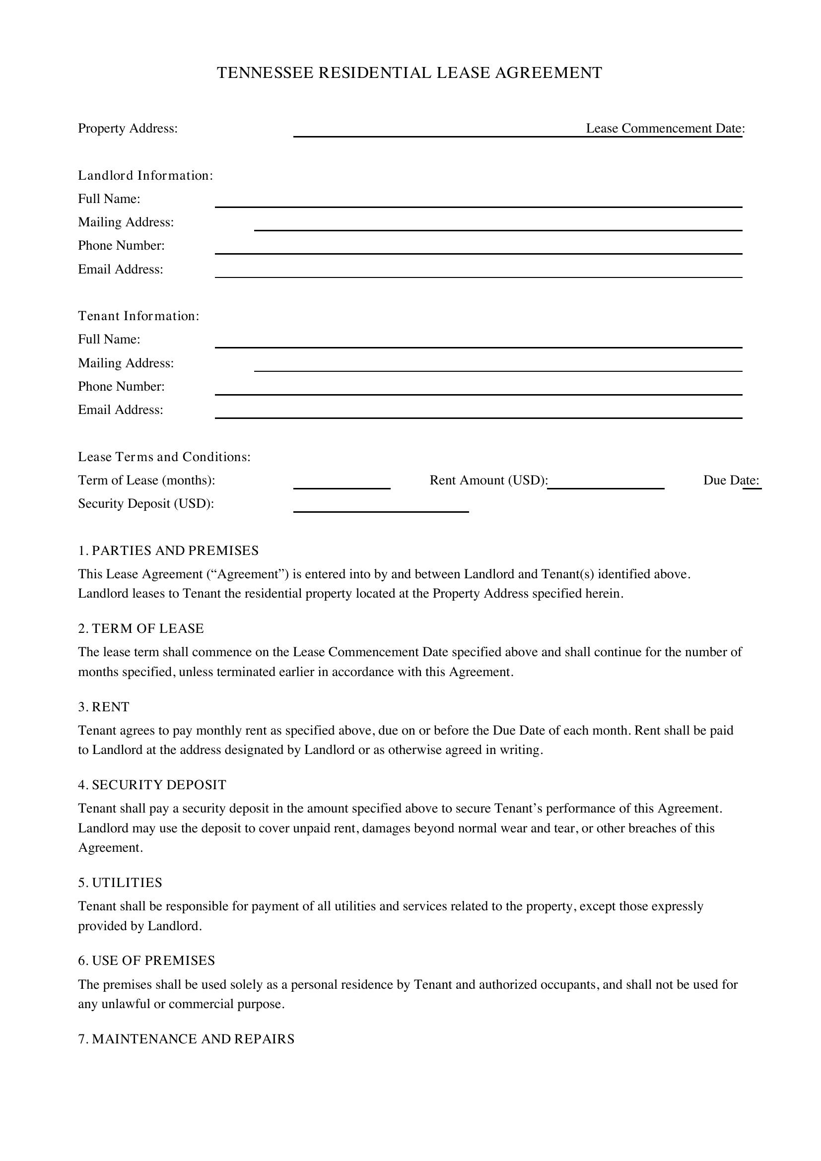 Tennessee Lease Agreement Template
