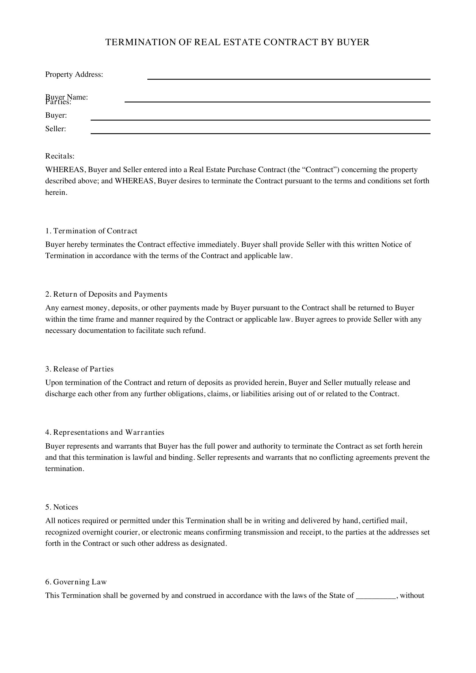 Termination Of Real Estate Contract By Buyer Template