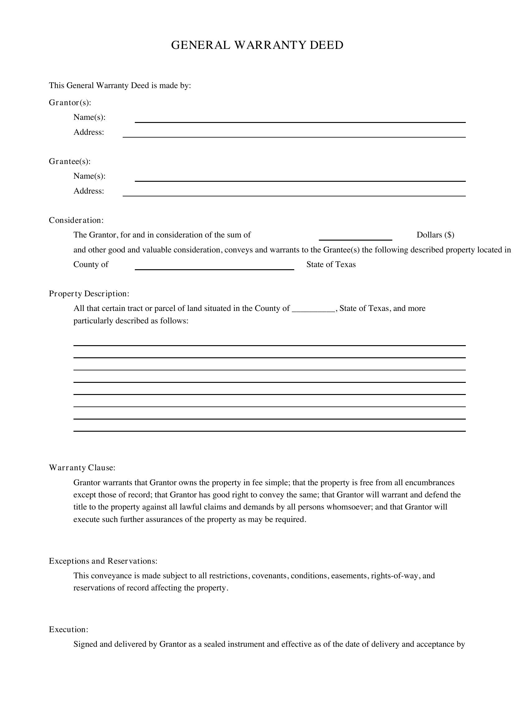 Texas General Warranty Deed Template