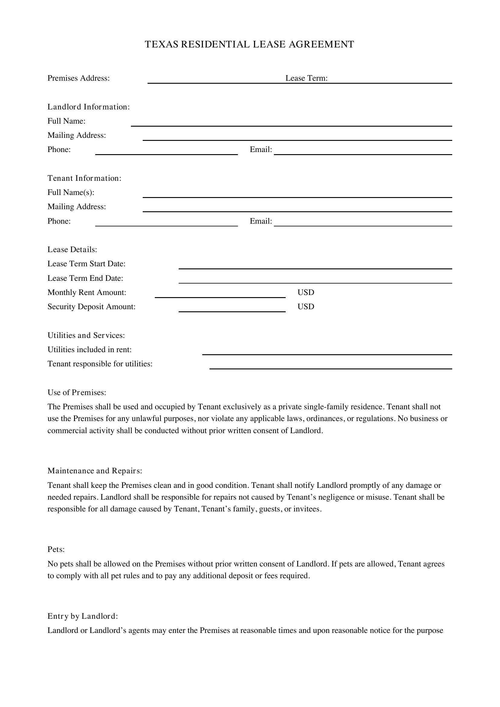 Texas Lease Agreement Template
