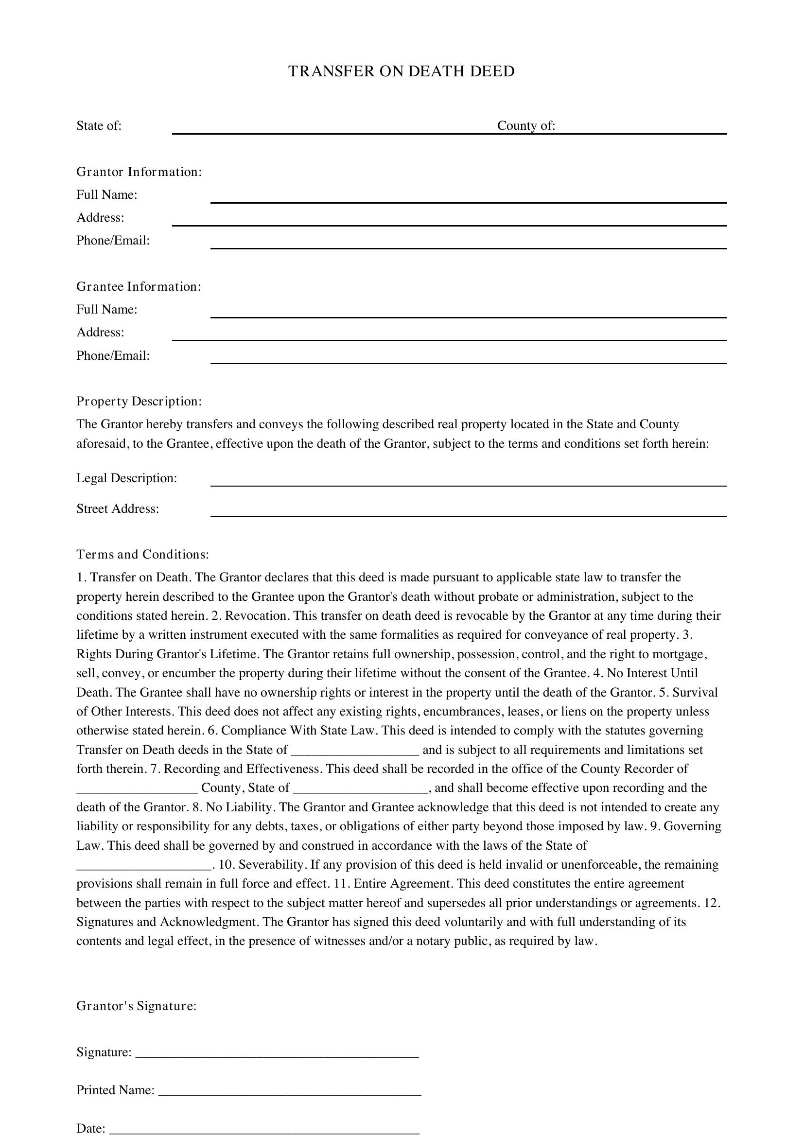 Transfer On Death Deed Template