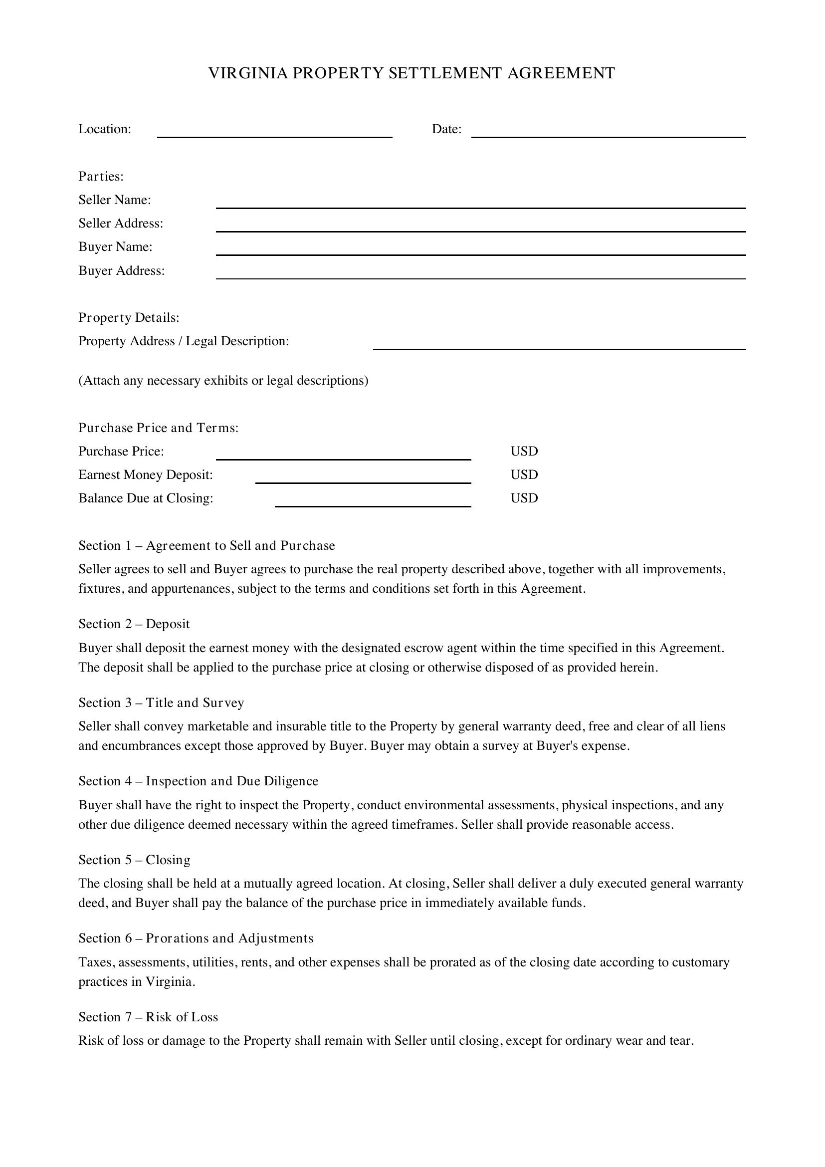 Virginia Property Settlement Agreement Template