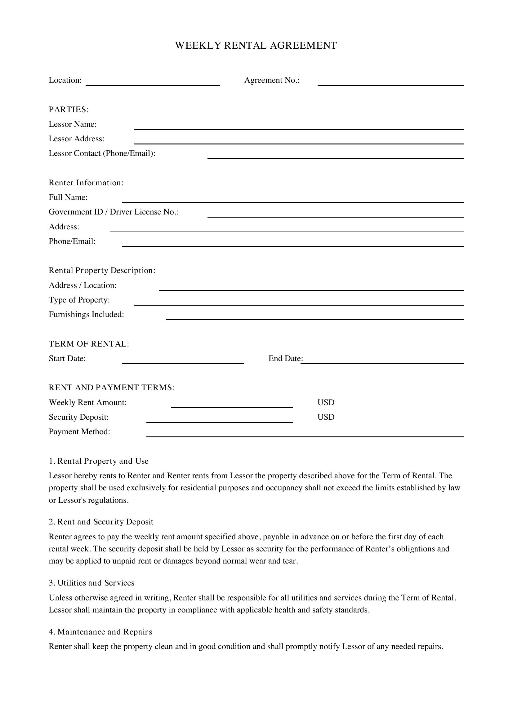 Weekly Rental Agreement Template