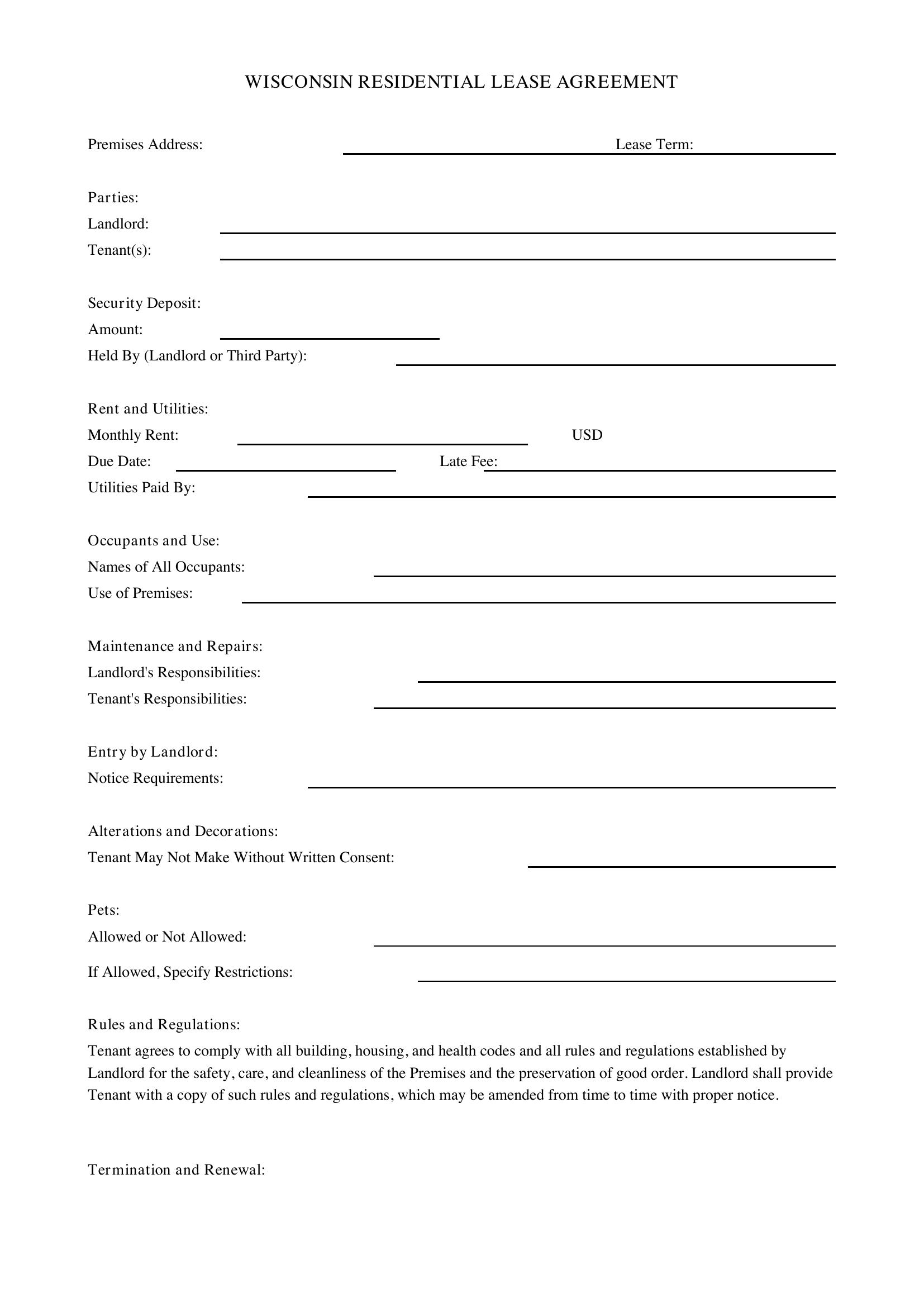Wisconsin Lease Agreement Template